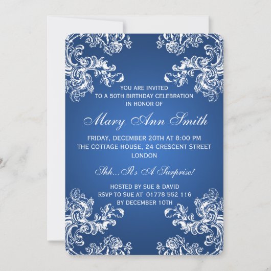 50エレガント歳の誕生日ヴィンテージが2つの青に渦巻く 招待状 (正面)