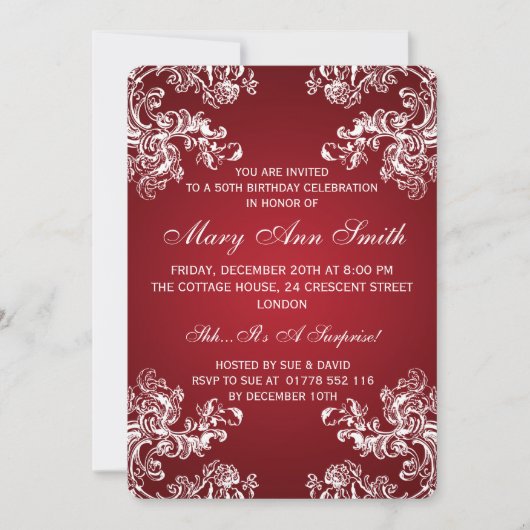 50エレガント歳の誕生日ヴィンテージが2赤く渦巻く 招待状 (正面)