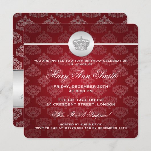 50エレガント歳誕生日パーティー王室のクラウンレッド 招待状 (正面/裏面)