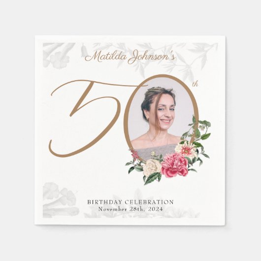 50エレガント番目の誕生日フローラの葉のカスタム写真 スタンダードカクテルナプキン (正面)