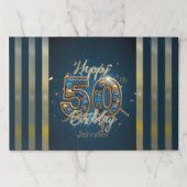 50エレガント番目の誕生日ブルー&金ゴールド紙ランチョンマット ペーパーパッド (正面)