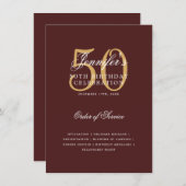 50エレガント番目の誕生日プログラム金ゴールドBurgundyメニュー 招待状 (正面/裏面)