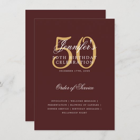 50エレガント番目の誕生日プログラム金ゴールドBurgundyメニュー 招待状 (正面/裏面)