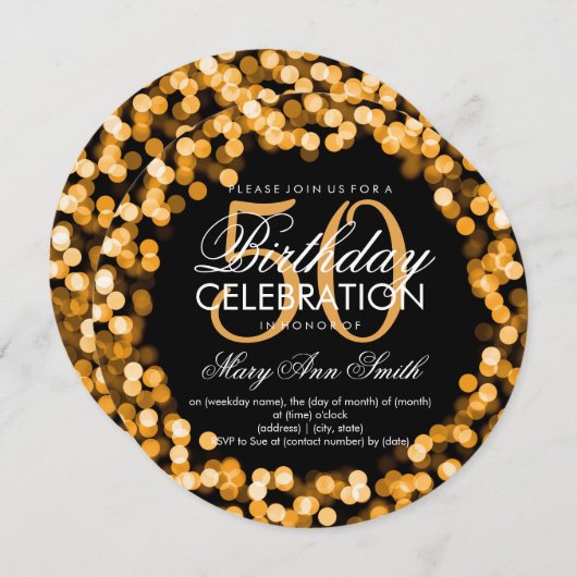 50エレガント番目の誕生日ラきらめくイト金ゴールド 招待状 (正面/裏面)