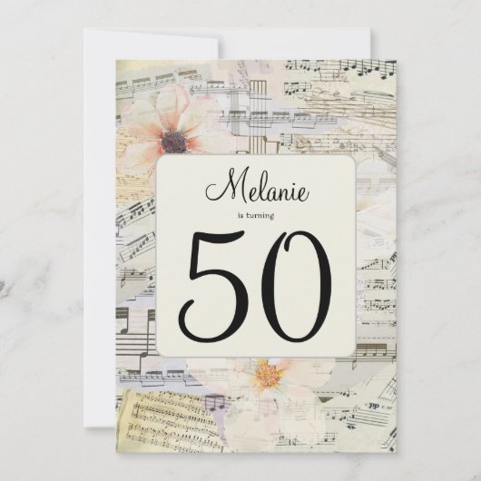 50エレガント番目の誕生日ヴィンテージ音楽フローラ 招待状 (正面)