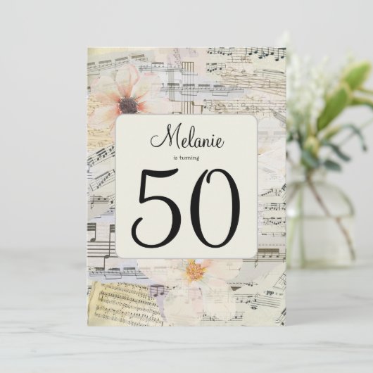 50エレガント番目の誕生日ヴィンテージ音楽フローラ 招待状 (スタンド正面)