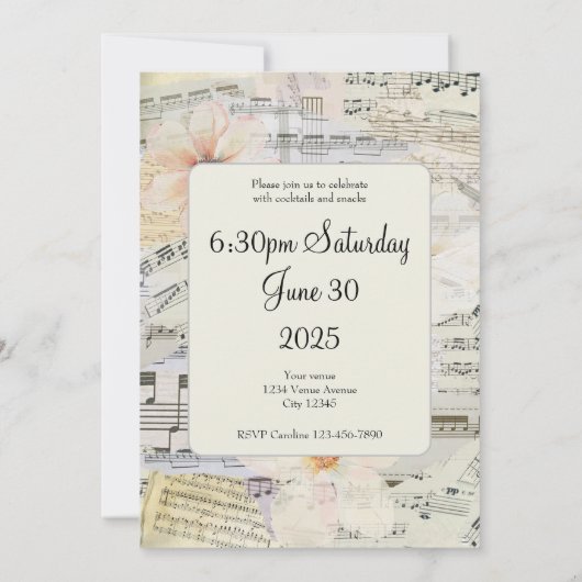 50エレガント番目の誕生日ヴィンテージ音楽フローラ 招待状 (裏面)
