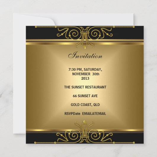 50エレガント番目の誕生日金ゴールドブラックアールデコ 招待状 (裏面)