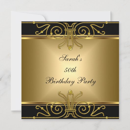 50エレガント番目の誕生日金ゴールドブラックアールデコ 招待状 (正面)
