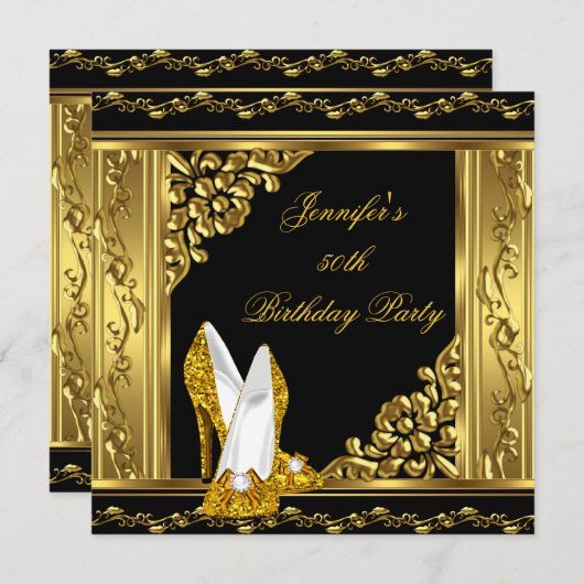 50エレガント番目の誕生日金ゴールドブラック金ゴールドハイヒール 招待状 (正面/裏面)