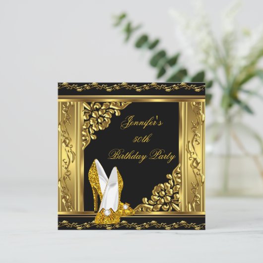 50エレガント番目の誕生日金ゴールドブラック金ゴールドハイヒール 招待状 (スタンド正面)