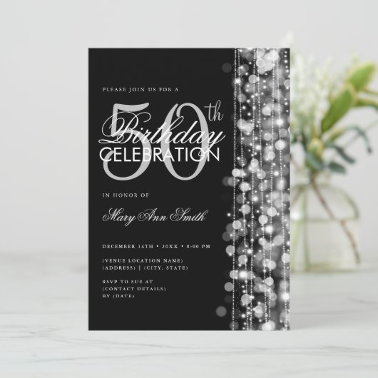 50エレガント誕生日グラムスパークルスシルバー&ブラック 招待状 (スタンド正面)