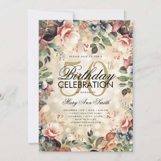 50エレガント誕生日グラム金ゴールドフローラライト 招待状 (正面)