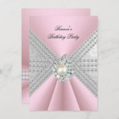 50エレガント誕生日シルバーピンクダイヤモンドパール 招待状 (正面/裏面)