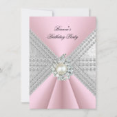 50エレガント誕生日シルバーピンクダイヤモンドパール 招待状 (正面)