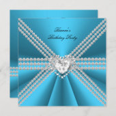 50エレガント誕生日シルバーブルーダイヤモンドハート 招待状 (正面/裏面)