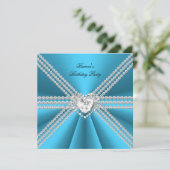 50エレガント誕生日シルバーブルーダイヤモンドハート 招待状 (スタンド正面)