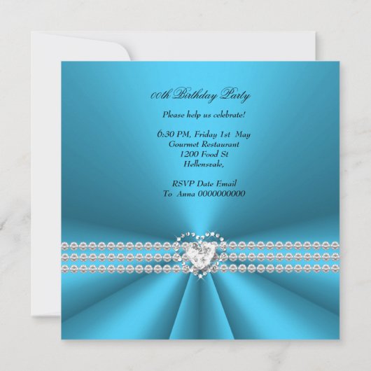 50エレガント誕生日シルバーブルーダイヤモンドハート 招待状 (裏面)