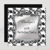 50エレガント誕生日シルバー白黒Fl 招待状 (正面/裏面)