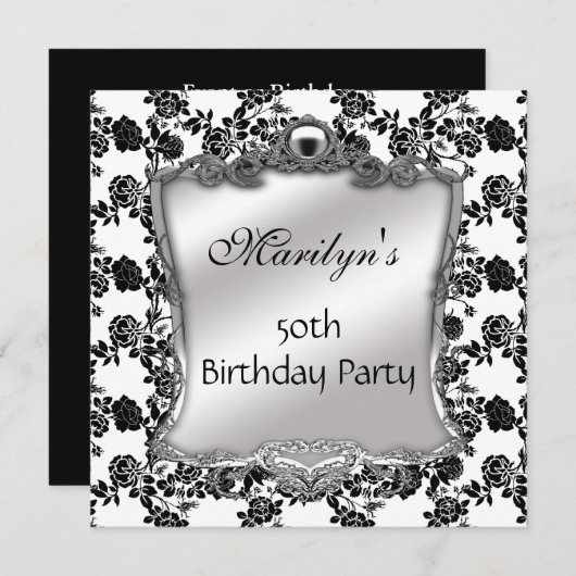 50エレガント誕生日シルバー白黒Fl 招待状 (正面/裏面)