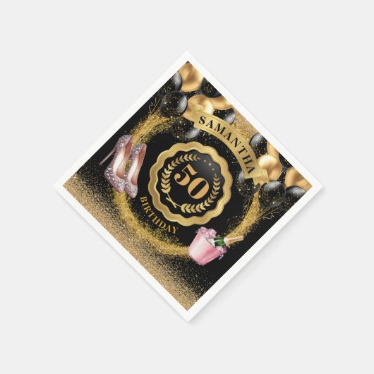 50エレガント誕生日ナプキンス金ゴールドグリッターバルーン スタンダードカクテルナプキン (角)