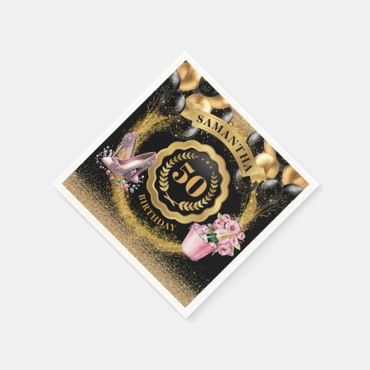 50エレガント誕生日ナプキンス金ゴールドバルーンが輝いた スタンダードカクテルナプキン (角)