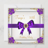 50エレガント誕生日フローラ紫ホワイト金ゴールド2 招待状 (正面)
