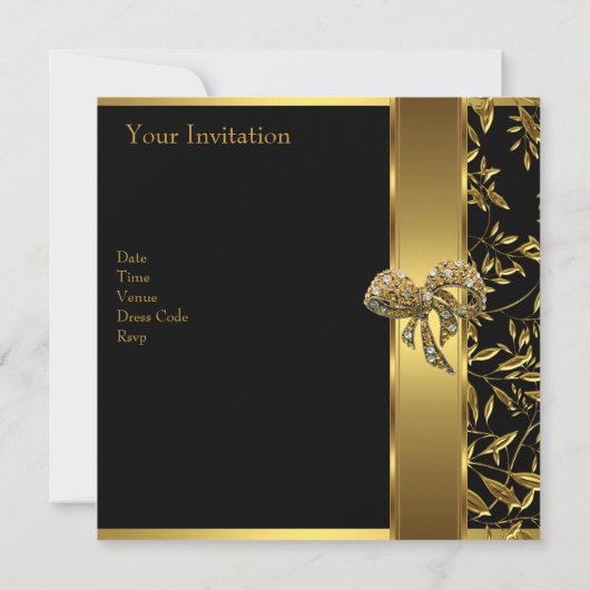 50エレガント誕生日ブラック金ゴールドフローラボウ2 招待状 (裏面)