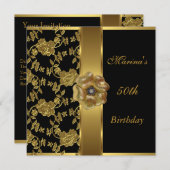 50エレガント誕生日ブラック金ゴールドフローラBrocade 招待状 (正面/裏面)