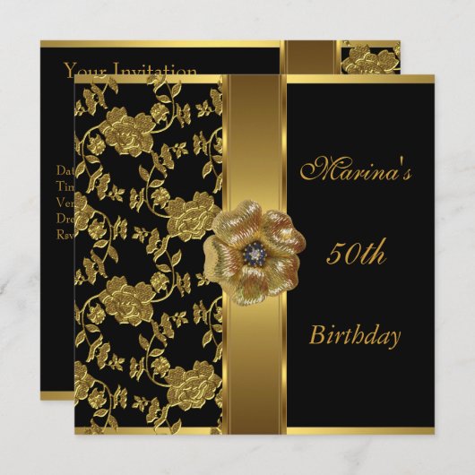 50エレガント誕生日ブラック金ゴールドフローラBrocade 招待状 (正面/裏面)