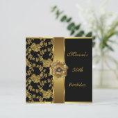 50エレガント誕生日ブラック金ゴールドフローラBrocade 招待状 (スタンド正面)