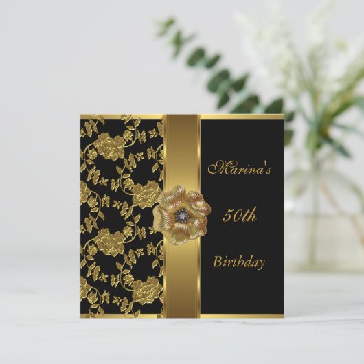 50エレガント誕生日ブラック金ゴールドフローラBrocade 招待状 (スタンド正面)