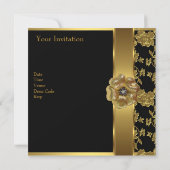50エレガント誕生日ブラック金ゴールドフローラBrocade 招待状 (裏面)