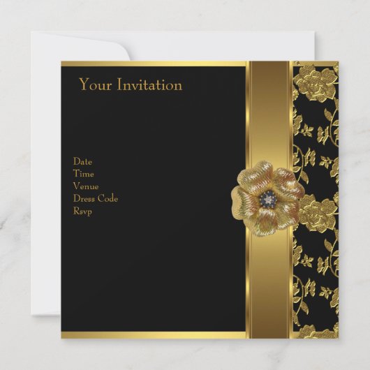 50エレガント誕生日ブラック金ゴールドフローラBrocade 招待状 (裏面)