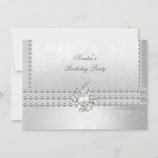 50エレガント誕生日ホワイトダイヤモンドパール 招待状 (正面)