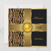 50エレガント誕生日ワイルドブラック金ゴールドジュエル 招待状 (正面)