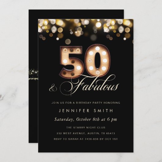 50エレガント誕生日招待状ブラック&金ゴールド 招待状 (正面/裏面)