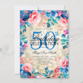 50エレガント誕生日金ゴールドブルーピンクフローラライト 招待状 (正面)
