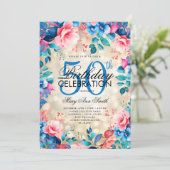 50エレガント誕生日金ゴールドブルーピンクフローラライト 招待状 (スタンド正面)