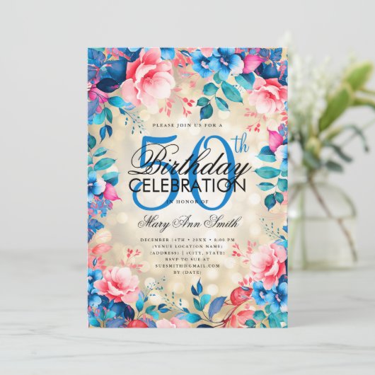 50エレガント誕生日金ゴールドブルーピンクフローラライト 招待状 (スタンド正面)