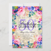 50エレガント誕生日金ゴールドレインボーフローラライト 招待状 (正面)