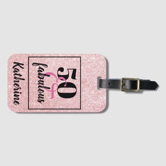 50エレガント誕生日50と素晴らしいピンクのグリッター ラゲッジタグ (正面横)