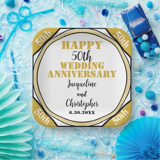50エレガント金ゴールド結婚記念日 ペーパープレート (パーティー)