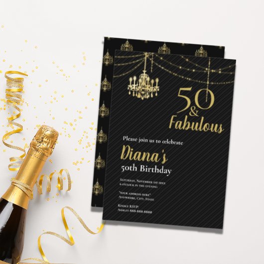50エレガント & Fab 50th誕生日ゴールデンシャンデリアI 招待状