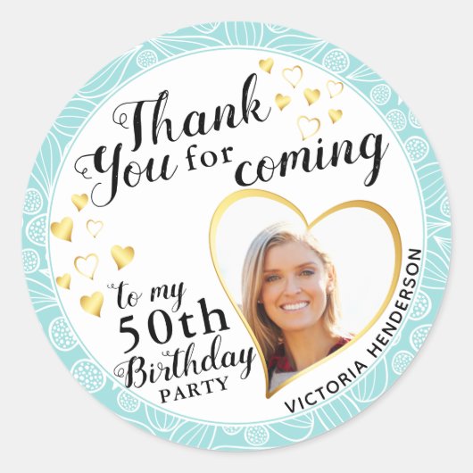 50エレガントth誕生日ティール(緑がかった色)ブルーサンキュー ラウンドシール (正面)