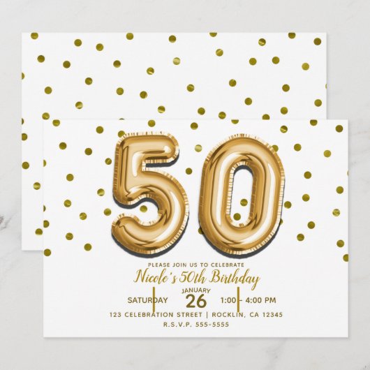 50ゴールドバルーンと紙吹雪 50歳の誕生日パーティー 招待状 (正面/裏面)