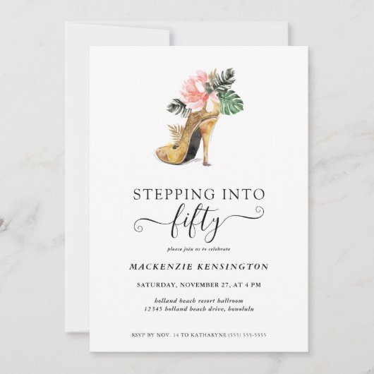 50シックフローラ金ゴールドヒール誕生日へのステップイン 招待状 (正面)