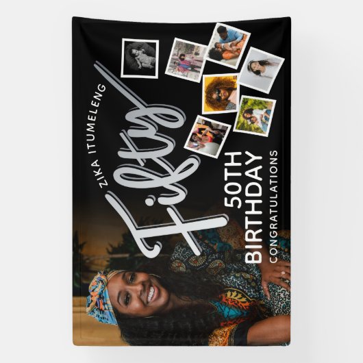 50シルバー50番目の誕生日の写真（黒） 横断幕 (縦)