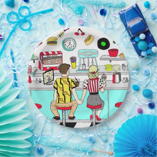 50ダイナーノスタルジックカップル保持ハンズアート ペーパープレート (パーティー)