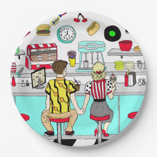 50ダイナーノスタルジックカップル保持ハンズアート ペーパープレート (正面)